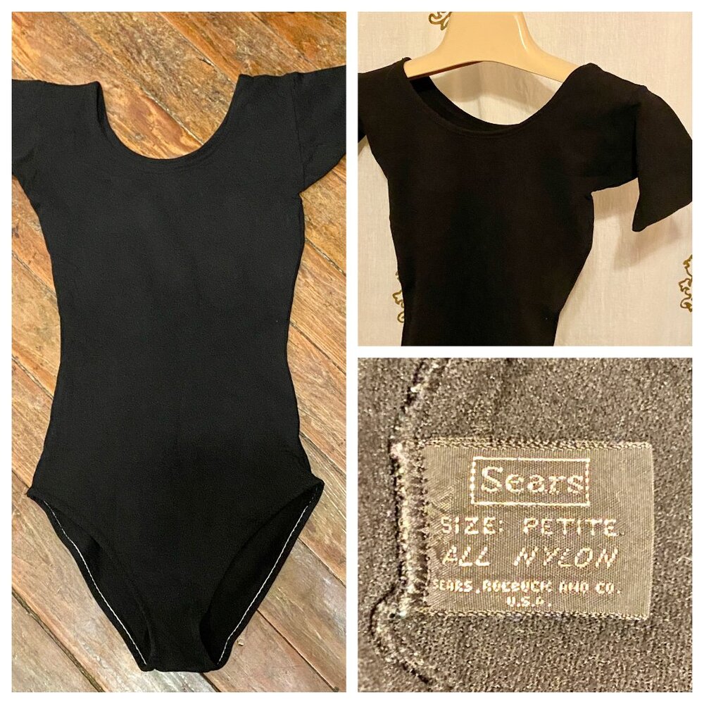 Vintage 70s SEARS Black Nylon Leotard Petite Scoop Neck Short Sleeve Ballet EUC